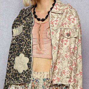NEW & FAB!! POL Half Leopard Half Floral Denim Zip Jacket Relaxed Fit in S,M,L